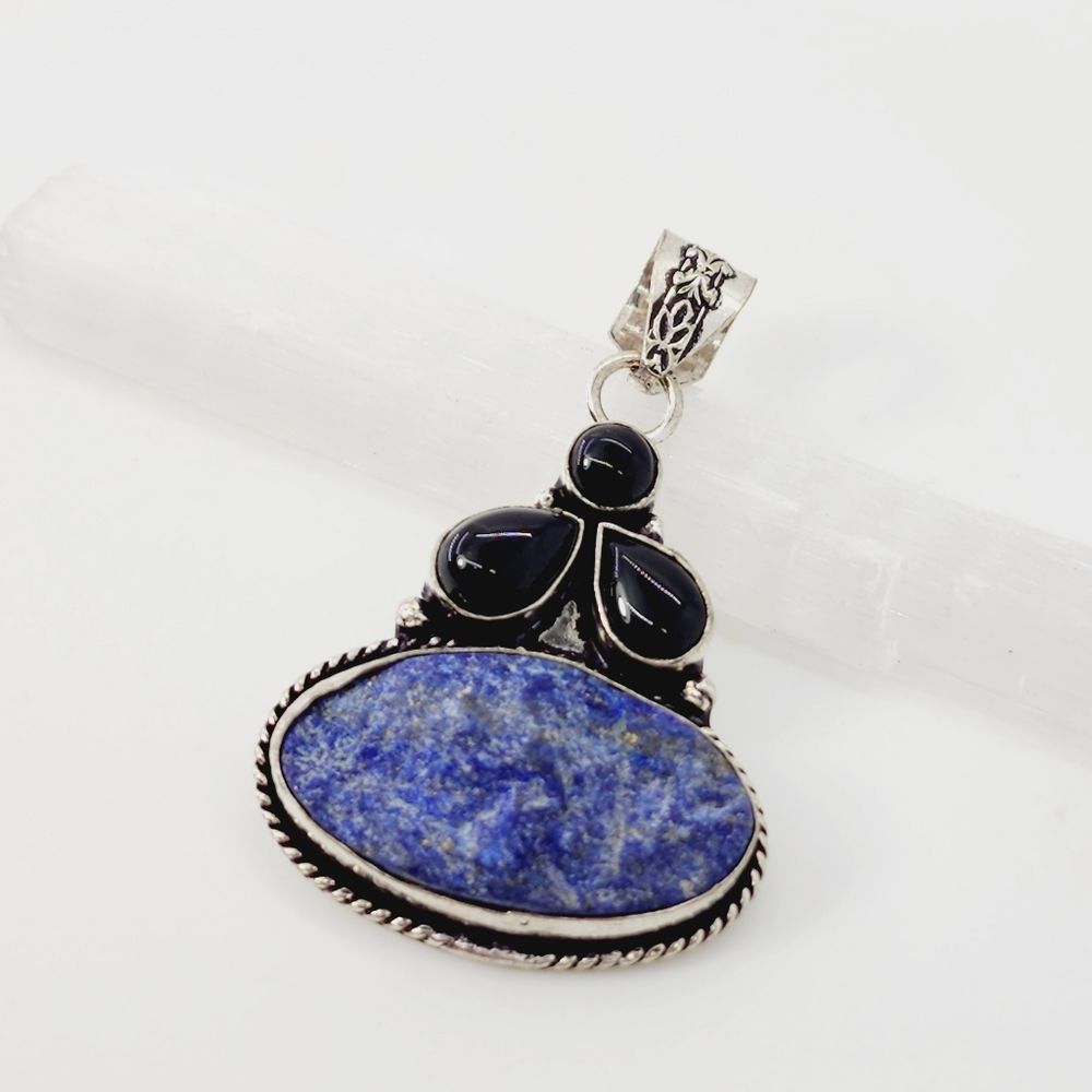 Boho Rough Lapis Lazuli Rough Black Onyx Ethnic Handmade Pendant Jewelry 2.2"